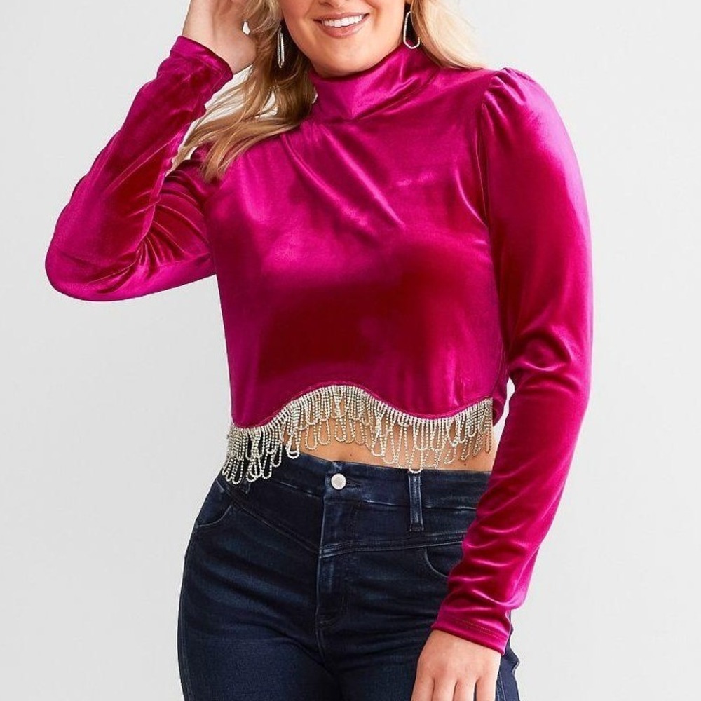 Blueb Collection Rhinestone Trim Fuchsia Velvet Crop Western Top Size Medium